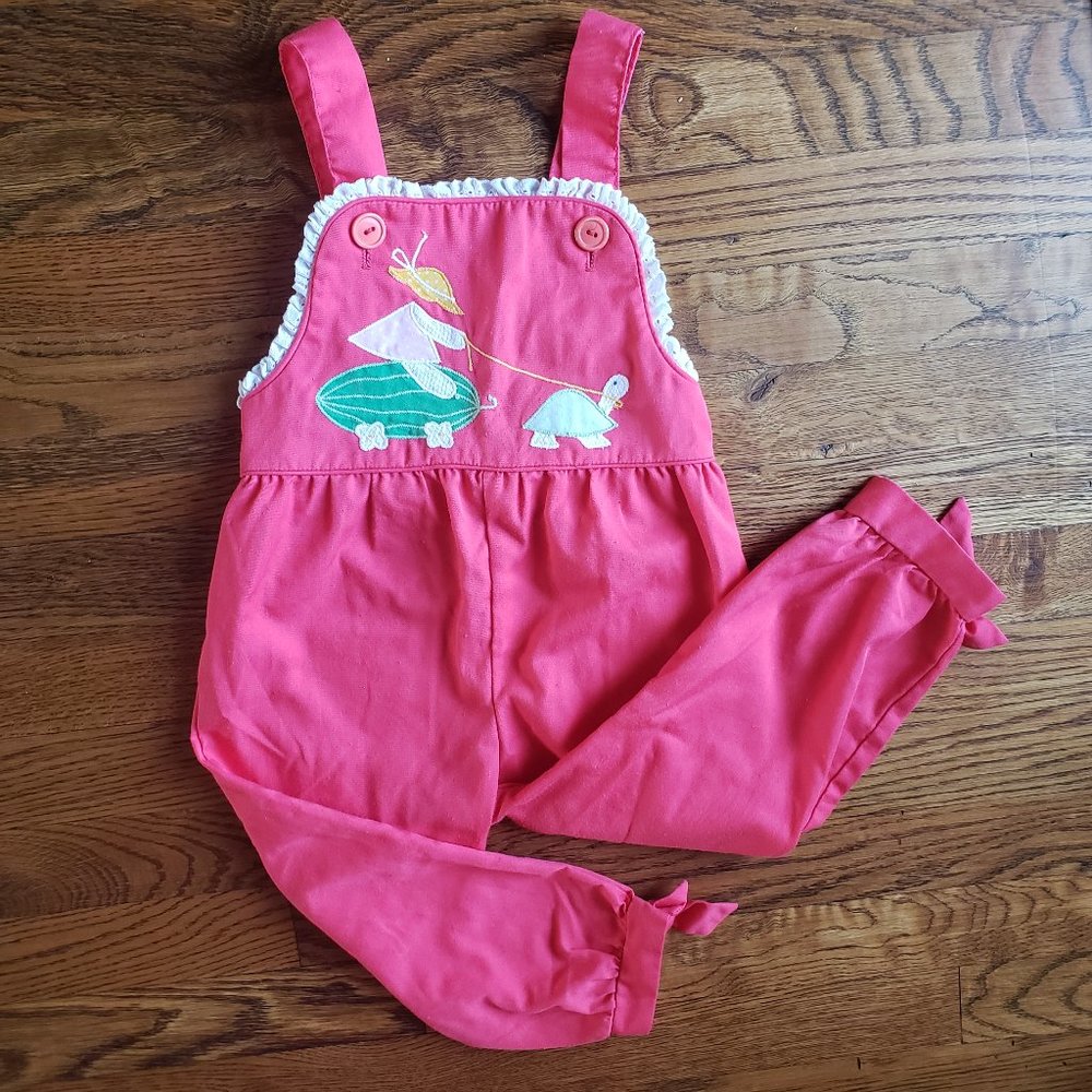 Vintage Pink Coral Overalls Girls 3T Hand Appliqué Whimsical Turtle Watermelon